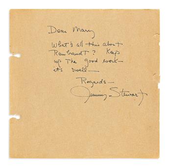 STEWART, JAMES. Small archive of 15 items, each Signed or Signed and Inscribed, to James Stewart Fan Club member Mary Trenor,